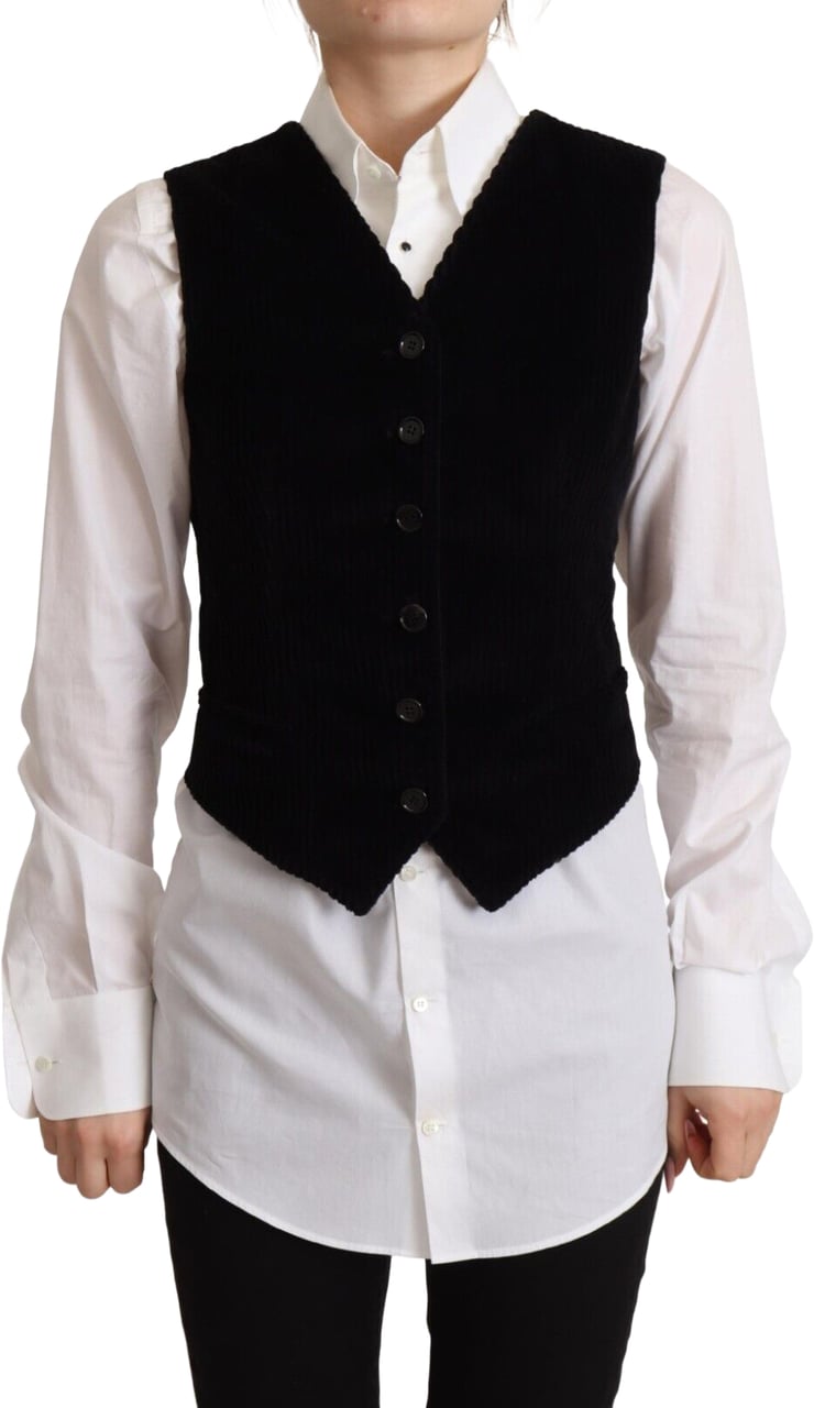 Dolce & Gabbana Black V-neck Leopard Corduroy Button Vest Top Zwart