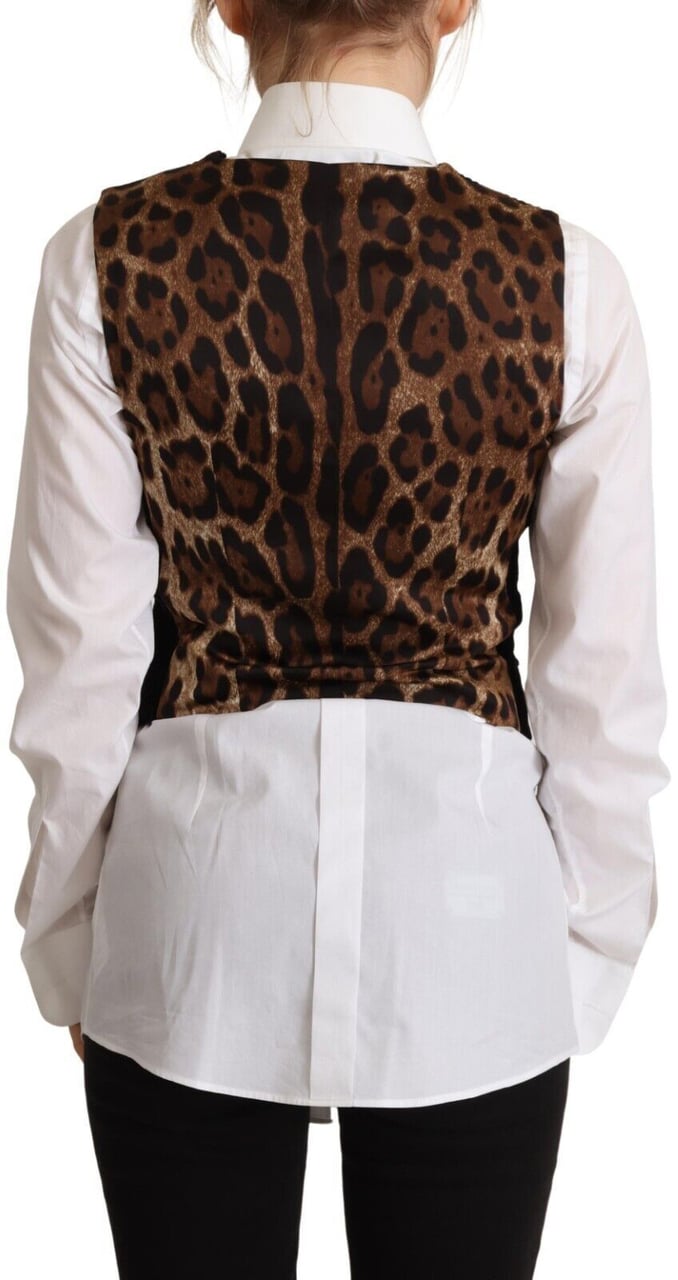Dolce & Gabbana Black V-neck Leopard Corduroy Button Vest Top Zwart