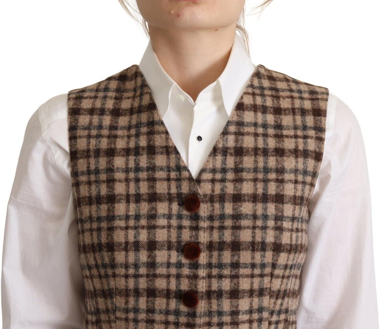 Dolce & Gabbana Brown Checkered Leopard V-neck Sleeveless Vest Top Bruin