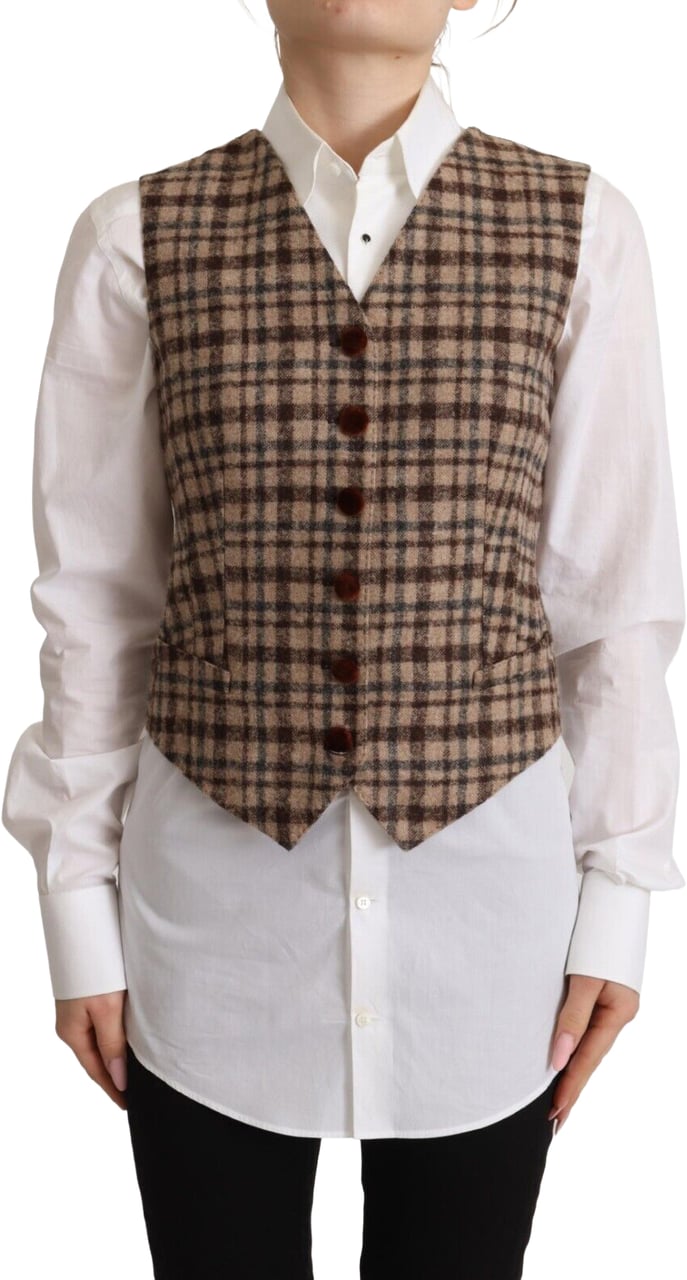 Dolce & Gabbana Brown Checkered Leopard V-neck Sleeveless Vest Top Bruin