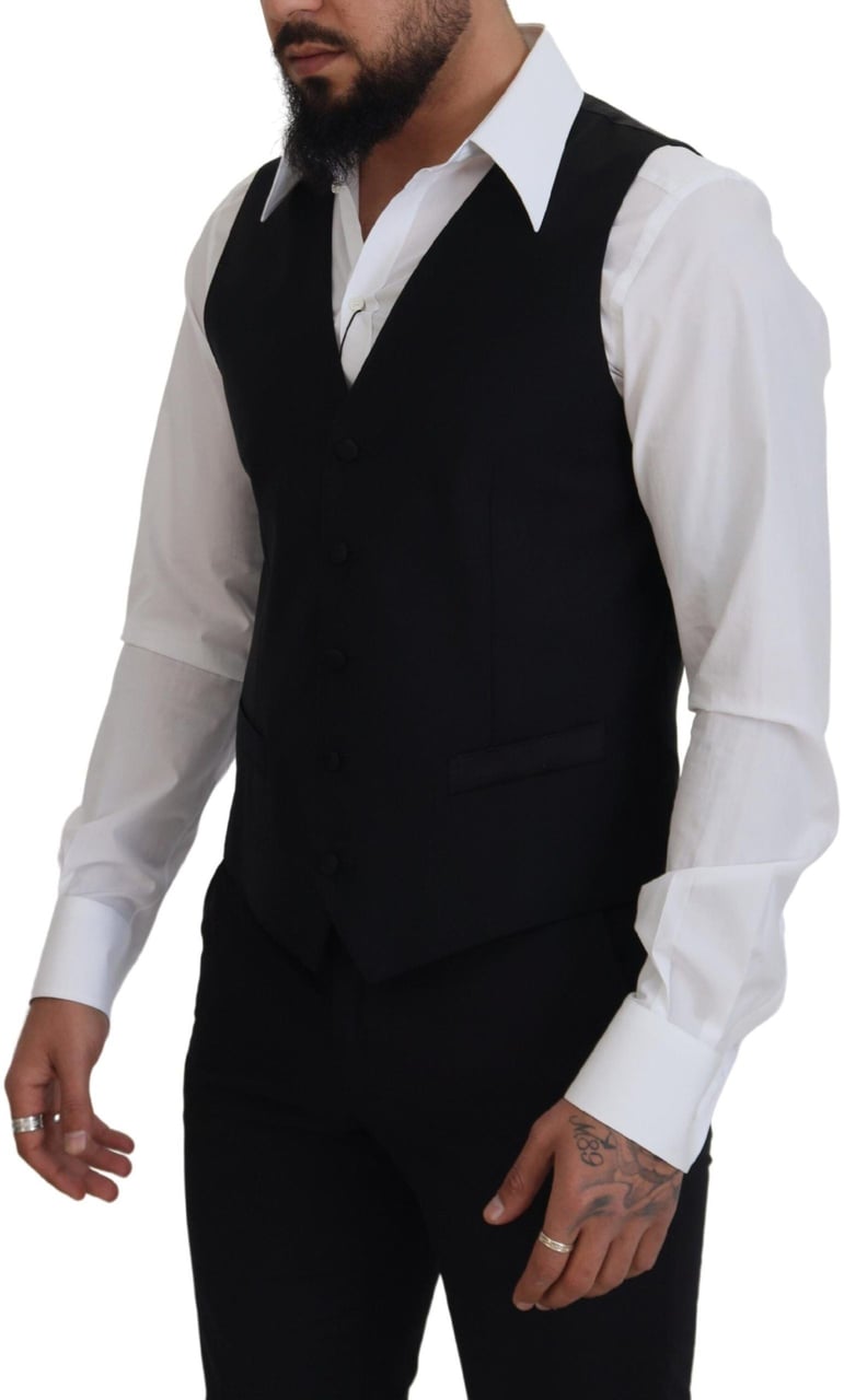Dolce & Gabbana Black Virgin Wool Waistcoat Formal Dress Vest Zwart