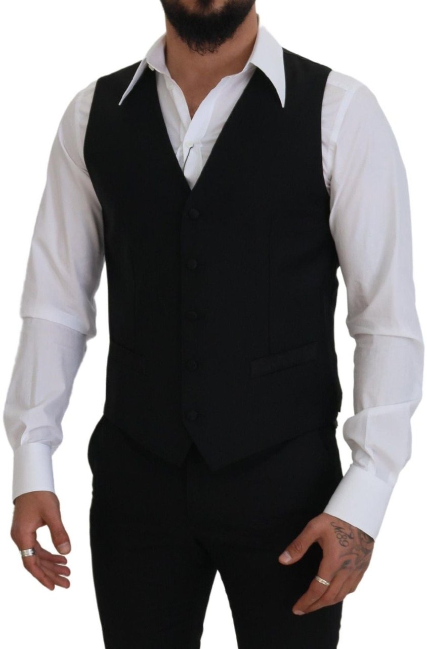 Dolce & Gabbana Black Virgin Wool Waistcoat Formal Dress Vest Zwart