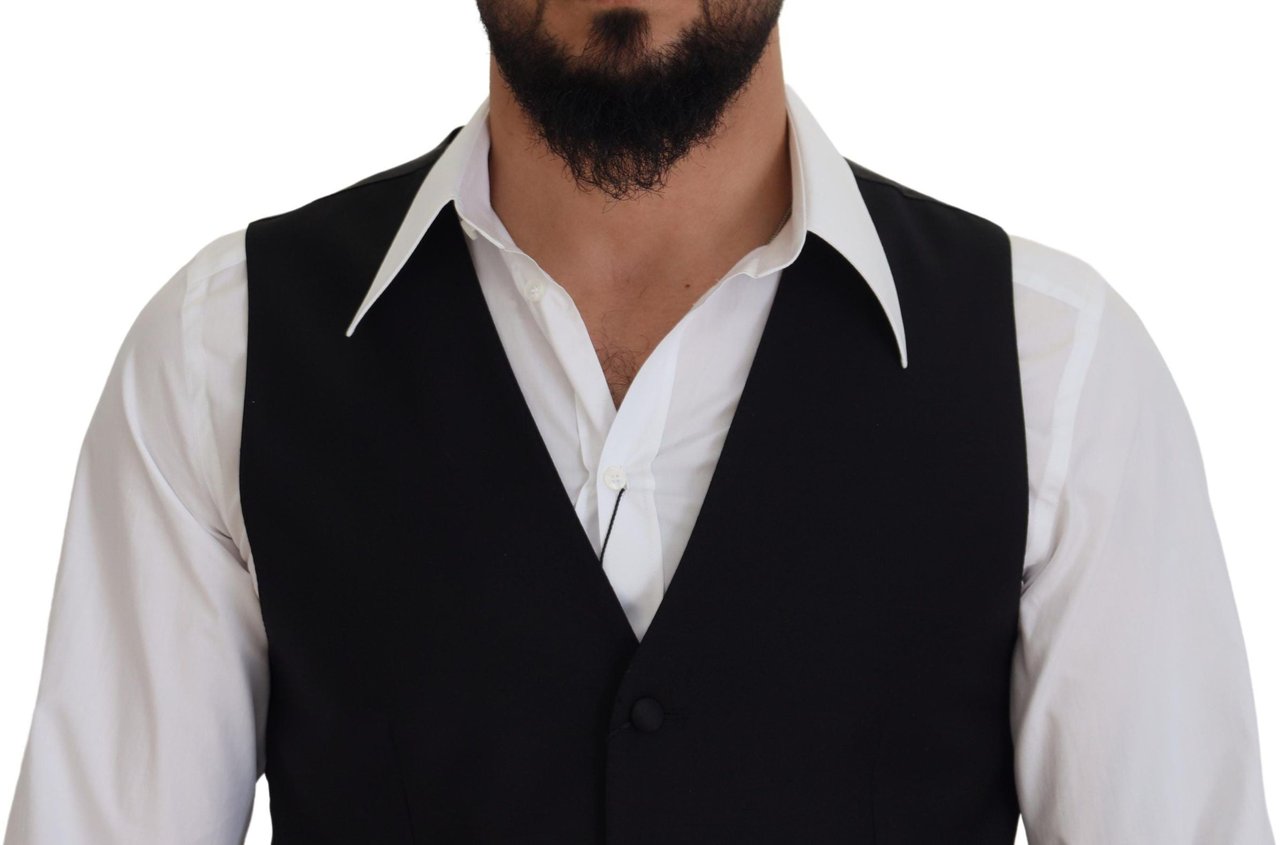 Dolce & Gabbana Black Virgin Wool Waistcoat Formal Dress Vest Zwart