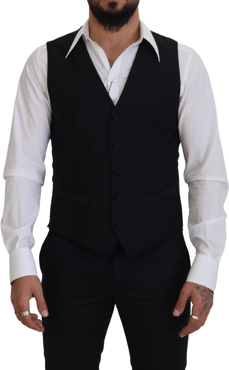 Dolce & Gabbana Black Virgin Wool Waistcoat Formal Dress Vest Zwart