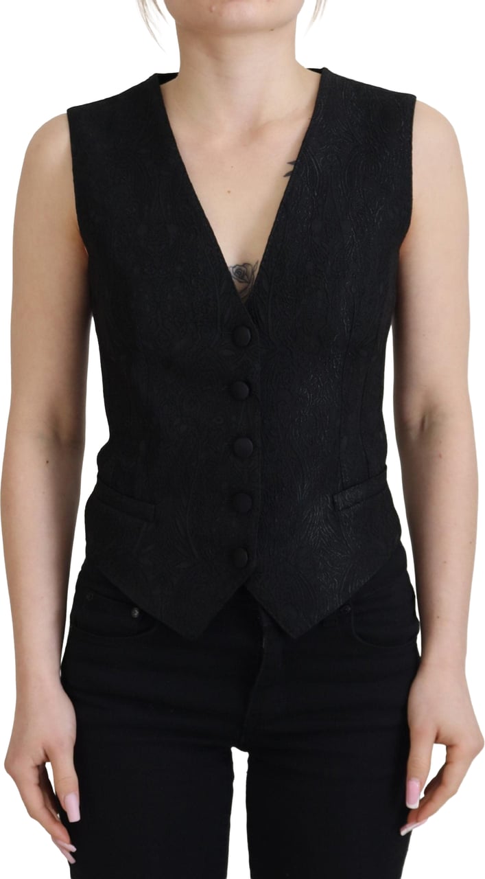 Dolce & Gabbana Black Brocade Button Down Sleeveless Vest Top Zwart