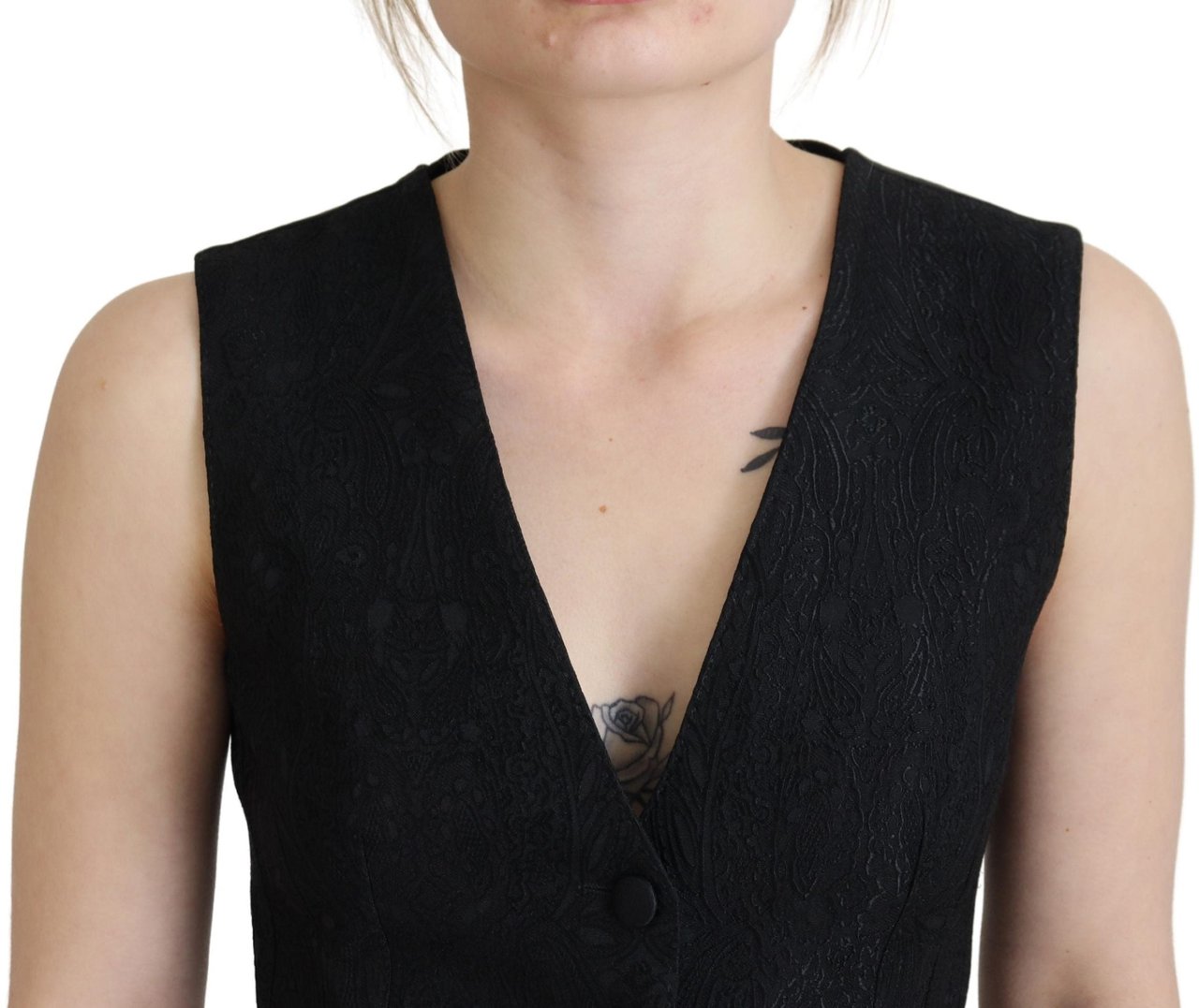 Dolce & Gabbana Black Brocade Button Down Sleeveless Vest Top Zwart
