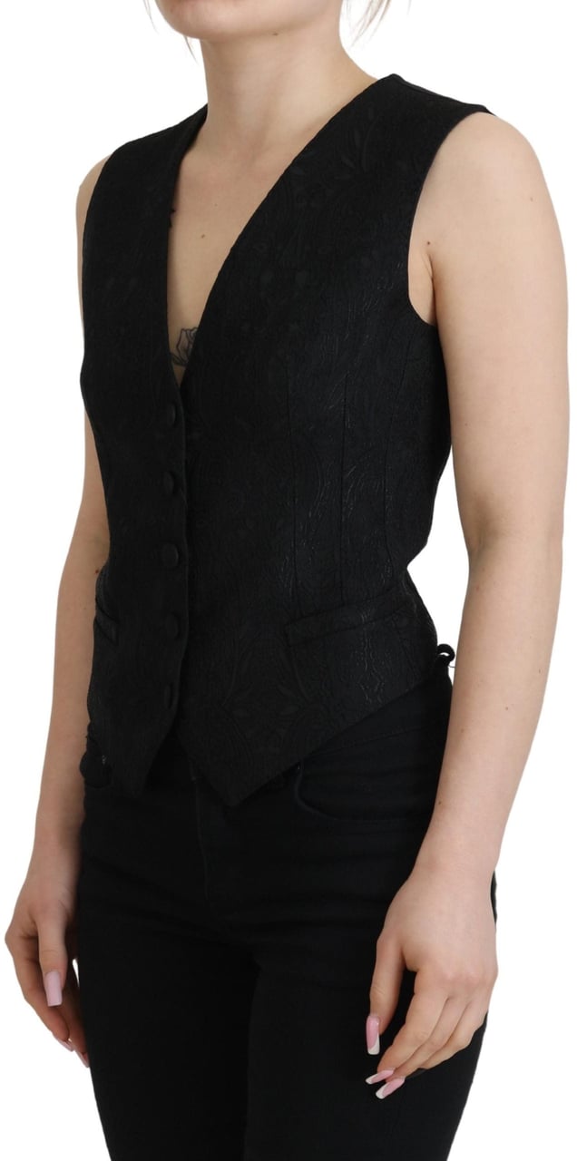 Dolce & Gabbana Black Brocade Button Down Sleeveless Vest Top Zwart