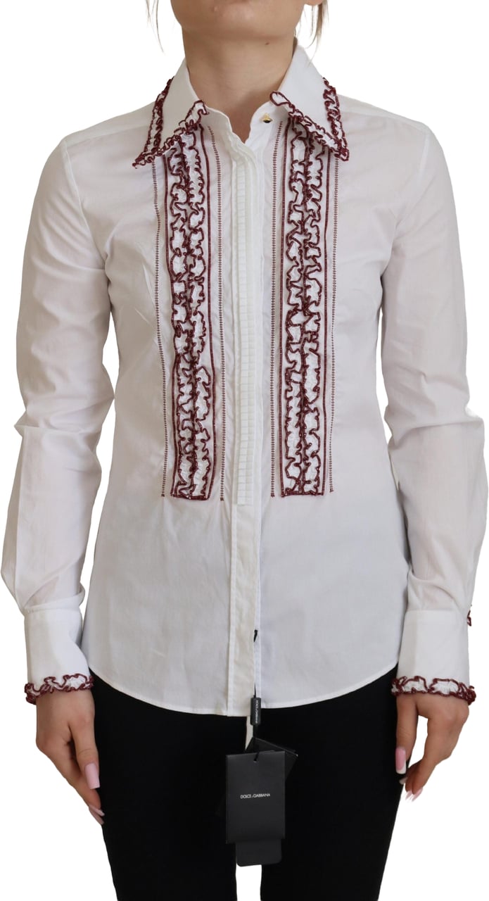 Dolce & Gabbana White Lace Long Sleeves Ruffle Collar Top Wit