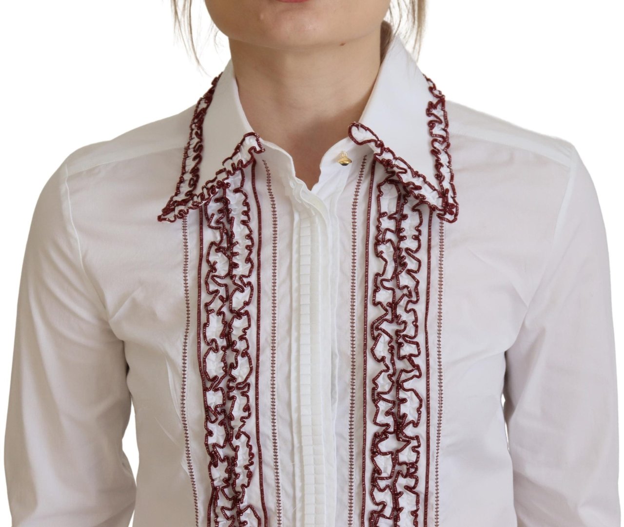 Dolce & Gabbana White Lace Long Sleeves Ruffle Collar Top Wit