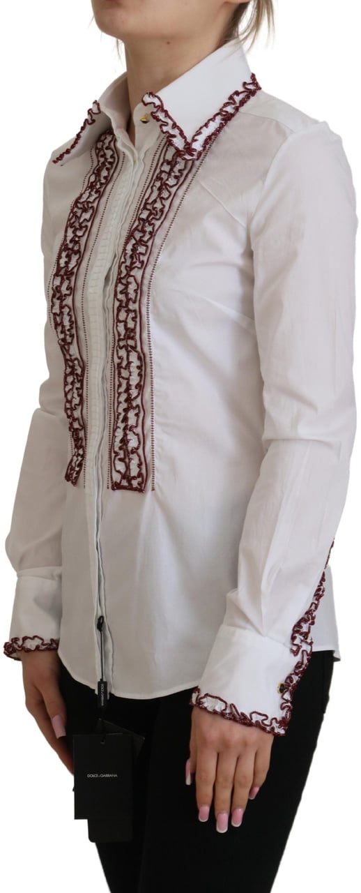 Dolce & Gabbana White Lace Long Sleeves Ruffle Collar Top Wit