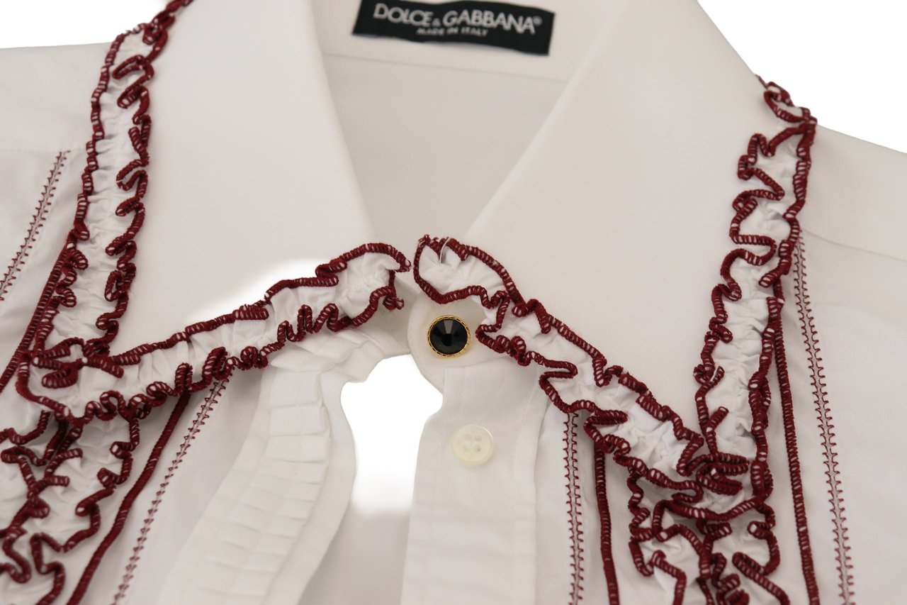 Dolce & Gabbana White Lace Long Sleeves Ruffle Collar Top Wit