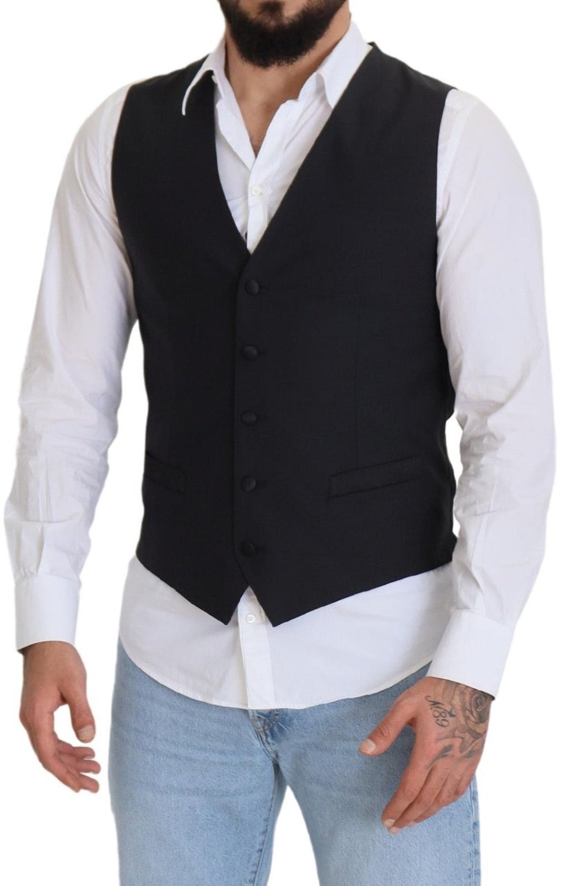 Dolce & Gabbana Black Wool Stretch Waistcoat Formal Vest Zwart