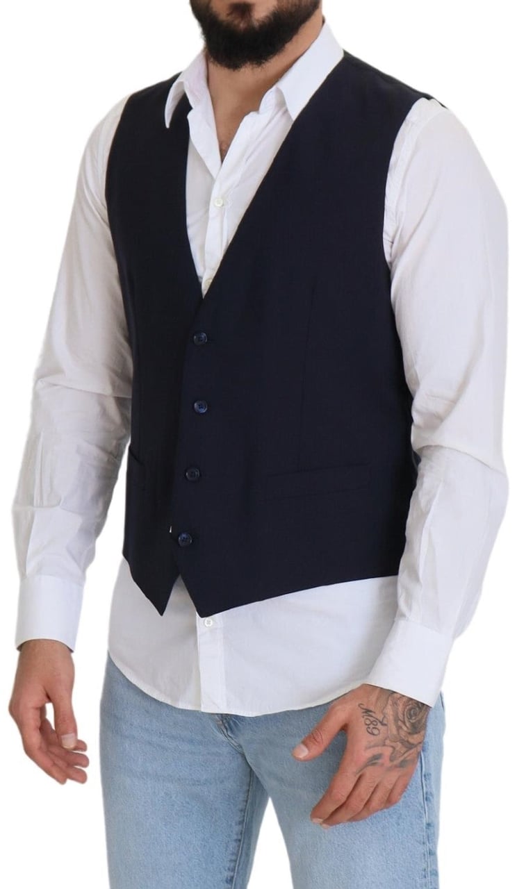Dolce & Gabbana Dark Blue Wool Stretch Waistcoat Formal Vest Blauw
