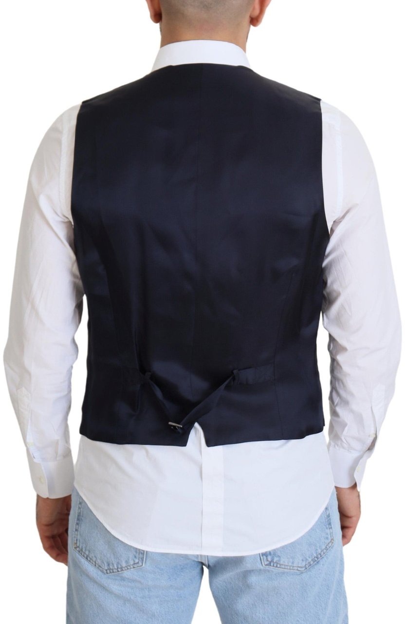 Dolce & Gabbana Dark Blue Wool Stretch Waistcoat Formal Vest Blauw