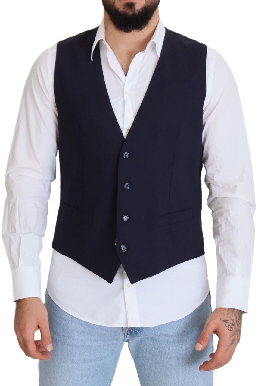 Dolce & Gabbana Dark Blue Wool Stretch Waistcoat Formal Vest Blauw