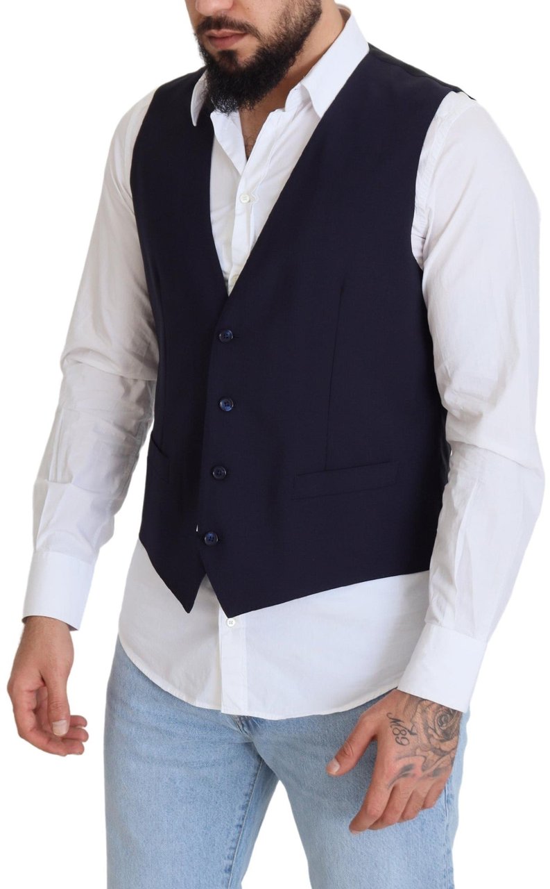 Dolce & Gabbana Dark Blue Wool Stretch Waistcoat Formal Vest Blauw