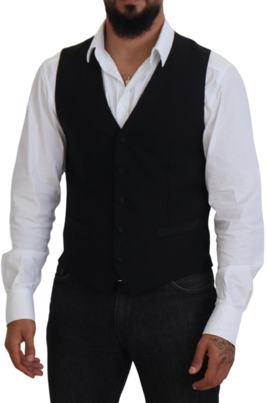 Dolce & Gabbana Black Virgin Wool Waistcoat Formal Vest Zwart