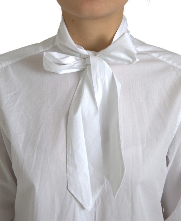 Dolce & Gabbana White Cotton Ascot Collar Long Sleeves Top Wit