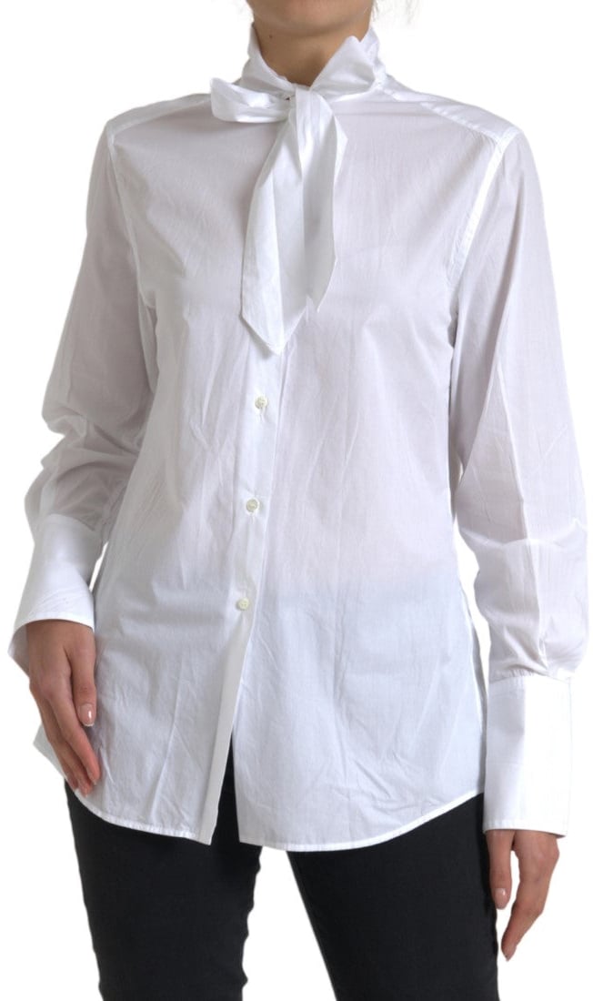 Dolce & Gabbana White Cotton Ascot Collar Long Sleeves Top Wit