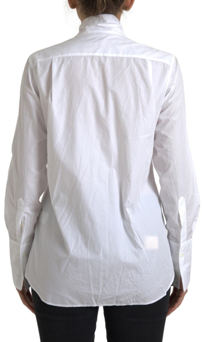 Dolce & Gabbana White Cotton Ascot Collar Long Sleeves Top Wit