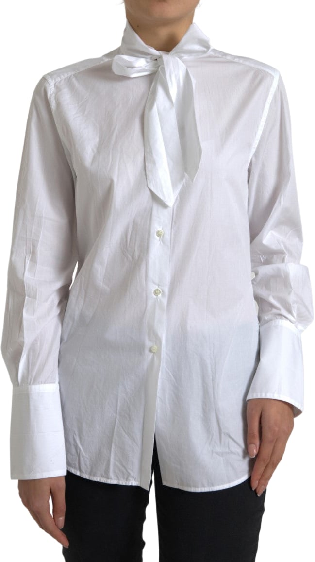 Dolce & Gabbana White Cotton Ascot Collar Long Sleeves Top Wit