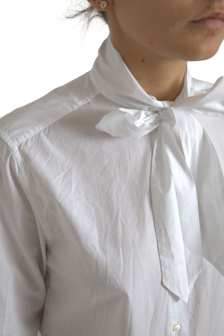 Dolce & Gabbana White Cotton Ascot Collar Long Sleeves Top Wit