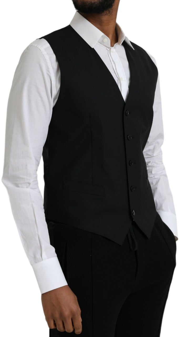 Dolce & Gabbana Black Wool Formal Dress Waistcoat Vest Zwart