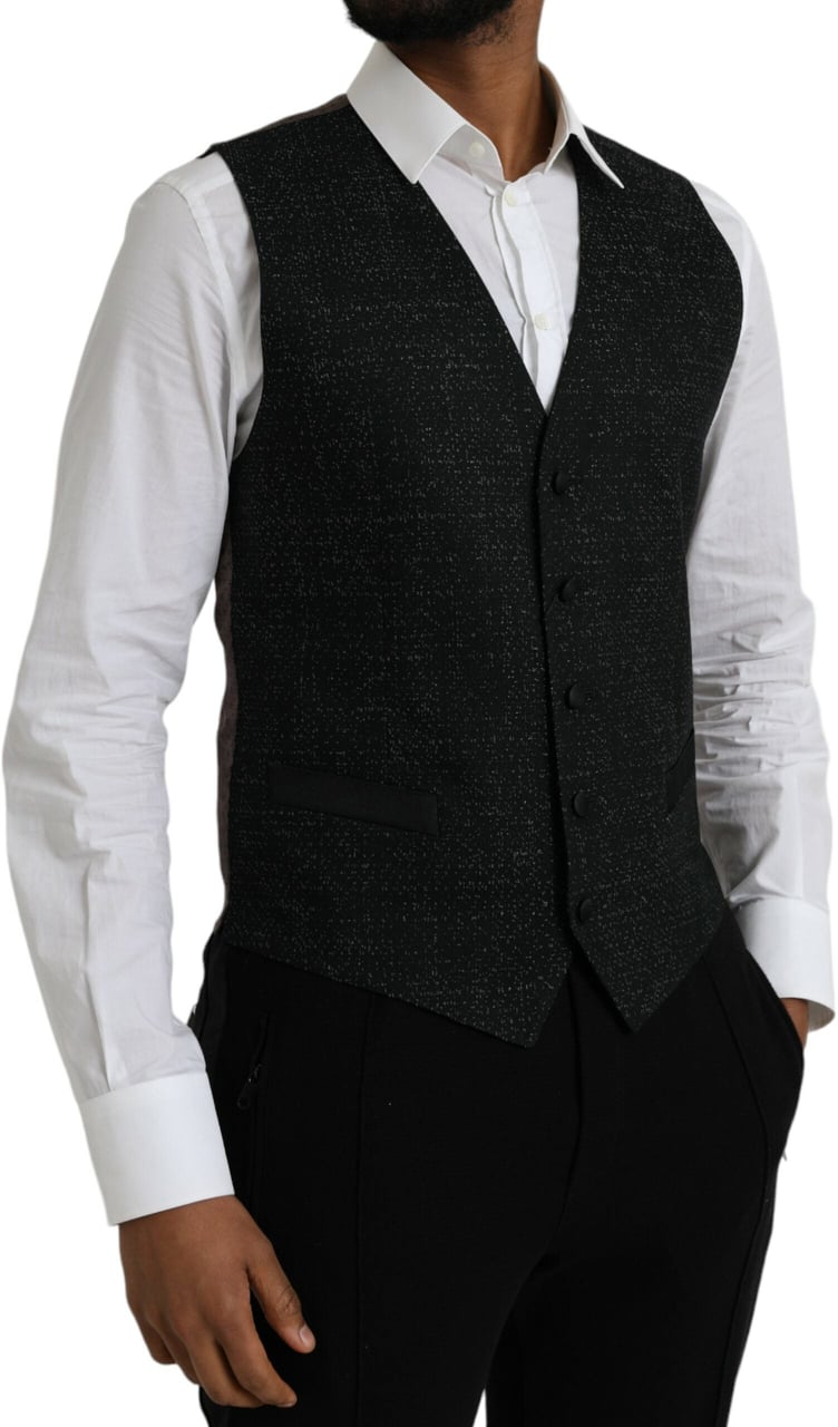 Dolce & Gabbana Black Brown Silk Waistcoat Dress Formal Vest Zwart
