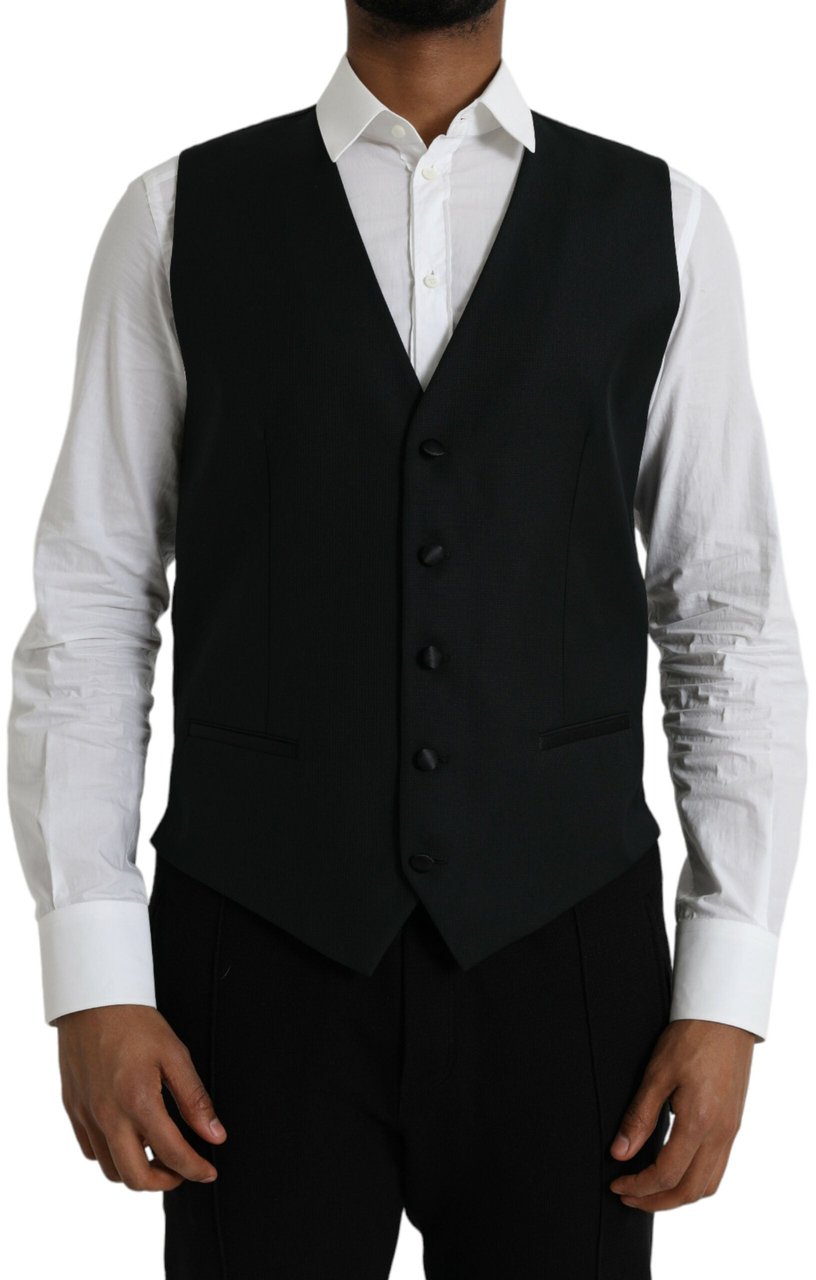 Dolce & Gabbana Black Wool Waistcoat Dress Formal Vest Zwart