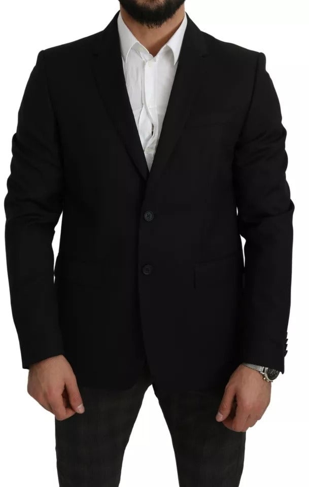 Dolce & Gabbana Black Wool Slim Fit Notch Jacket Blazer Zwart