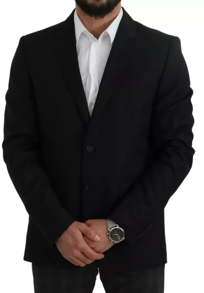 Dolce & Gabbana Black Wool Slim Fit Notch Jacket Blazer Zwart