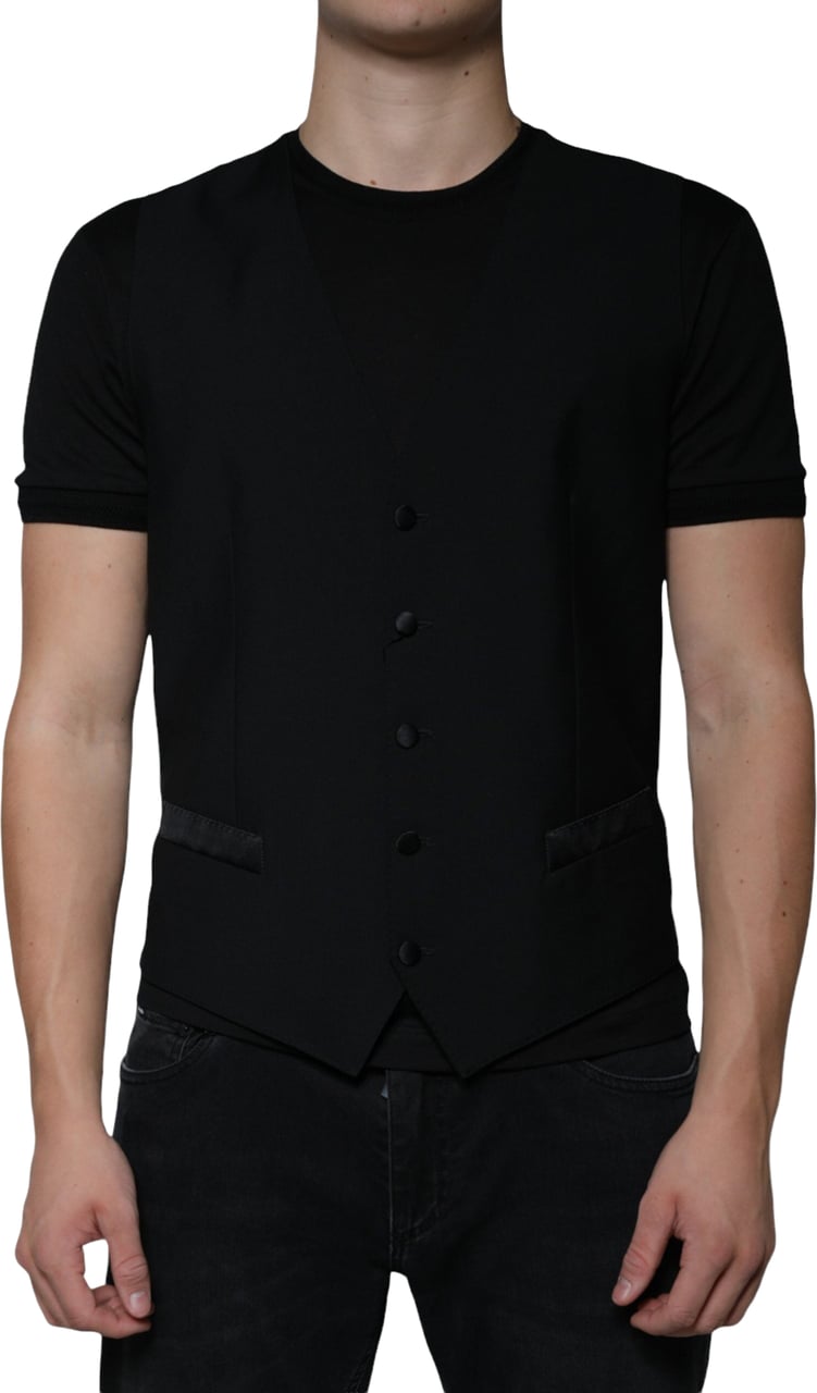 Dolce & Gabbana Black Wool Formal Dress Men Waistcoat Vest Zwart