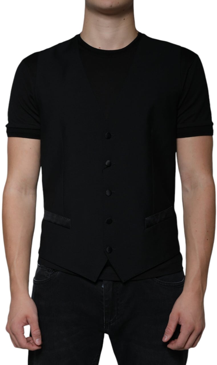 Dolce & Gabbana Black Wool Formal Dress Men Waistcoat Vest Zwart