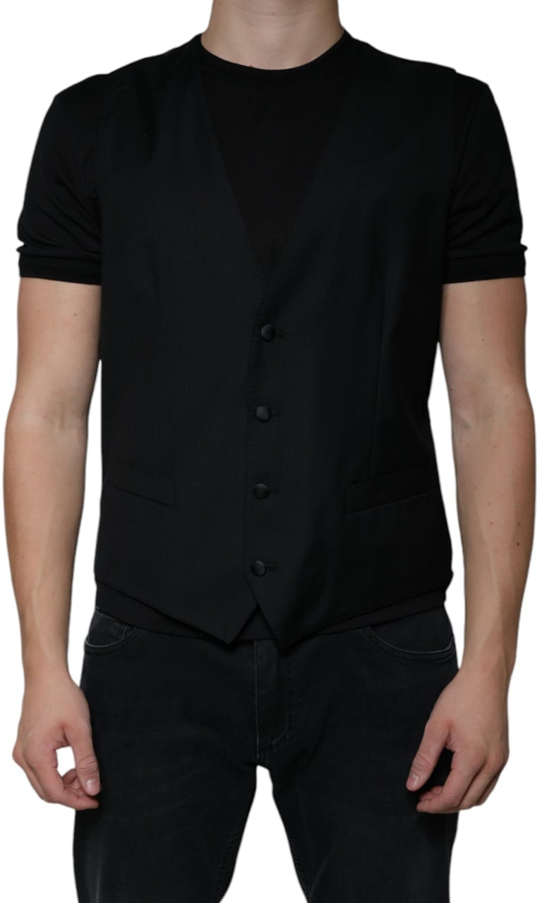 Dolce & Gabbana Black Wool Waistcoat Dress Formal Vest Zwart