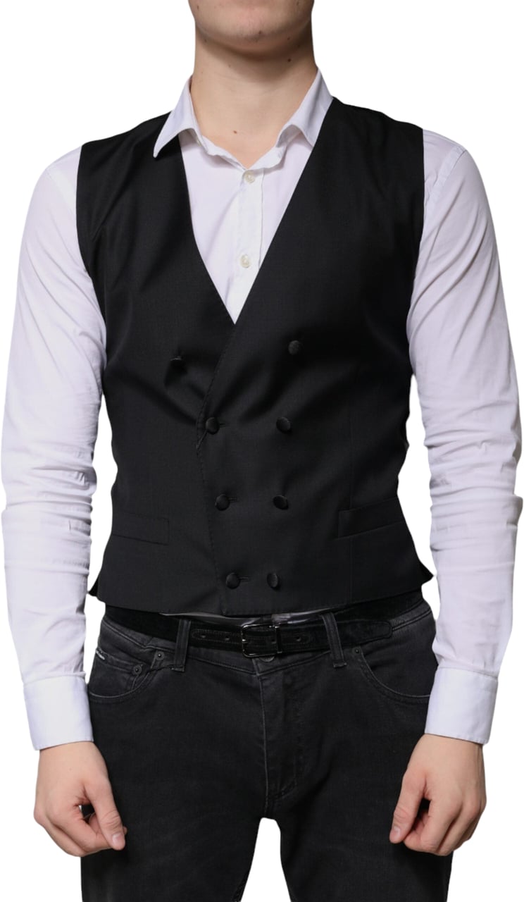 Dolce & Gabbana Black Wool Formal Dress Men Waistcoat Vest Zwart
