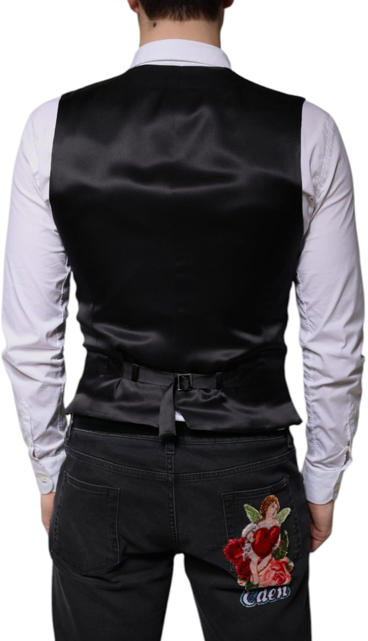 Dolce & Gabbana Black Wool Formal Dress Men Waistcoat Vest Zwart
