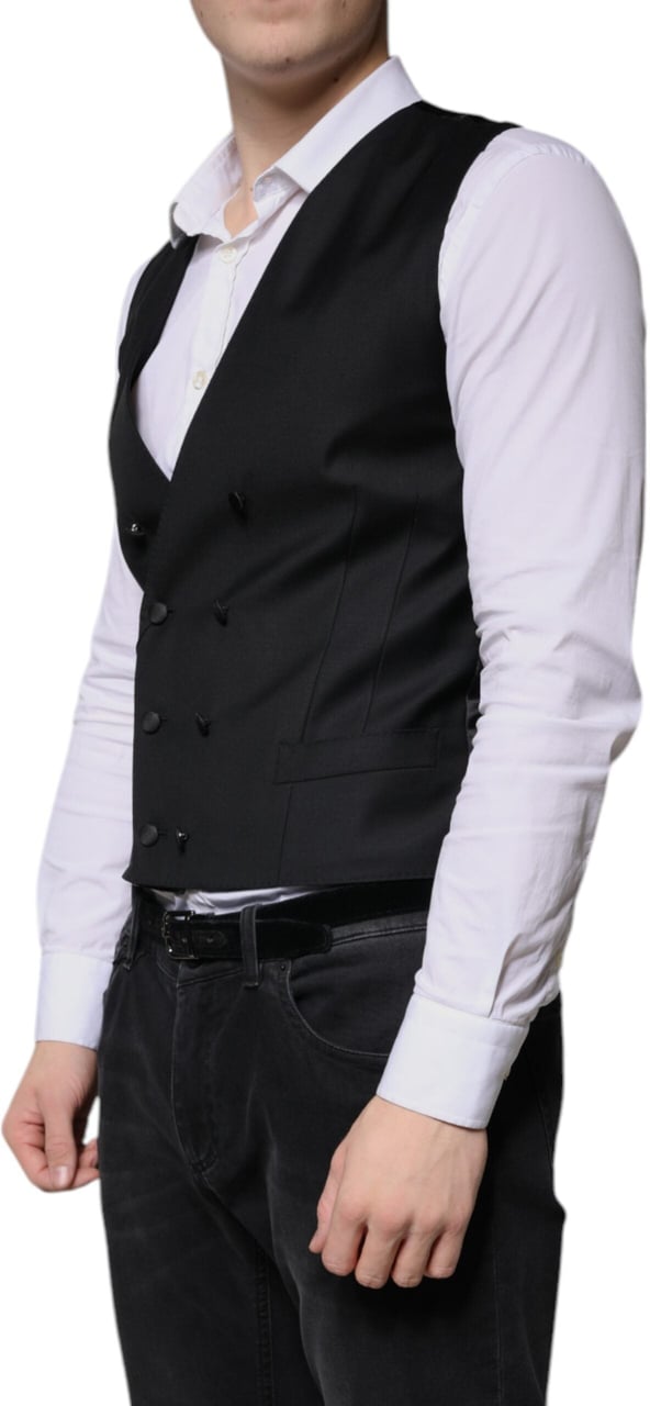 Dolce & Gabbana Black Wool Formal Dress Men Waistcoat Vest Zwart