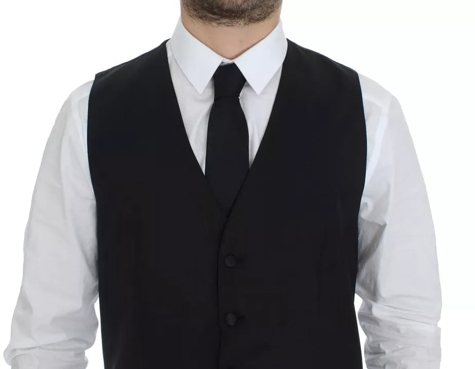 Dolce & Gabbana Black Wool Silk Dress Gilet Jacket Vest Zwart