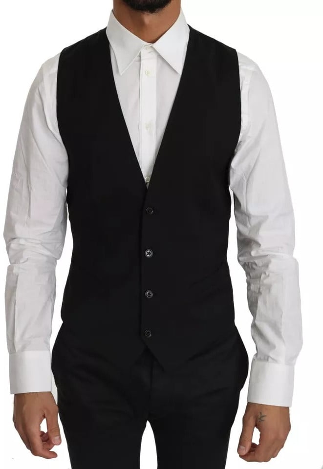 Dolce & Gabbana Black Wool Logo Waistcoat Vest Zwart