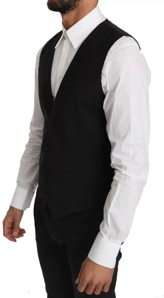 Dolce & Gabbana Black Wool Logo Waistcoat Vest Zwart