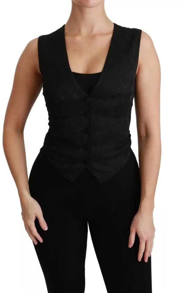 Dolce & Gabbana Black Lace Waistcoat Slim Vest Silk Top Zwart