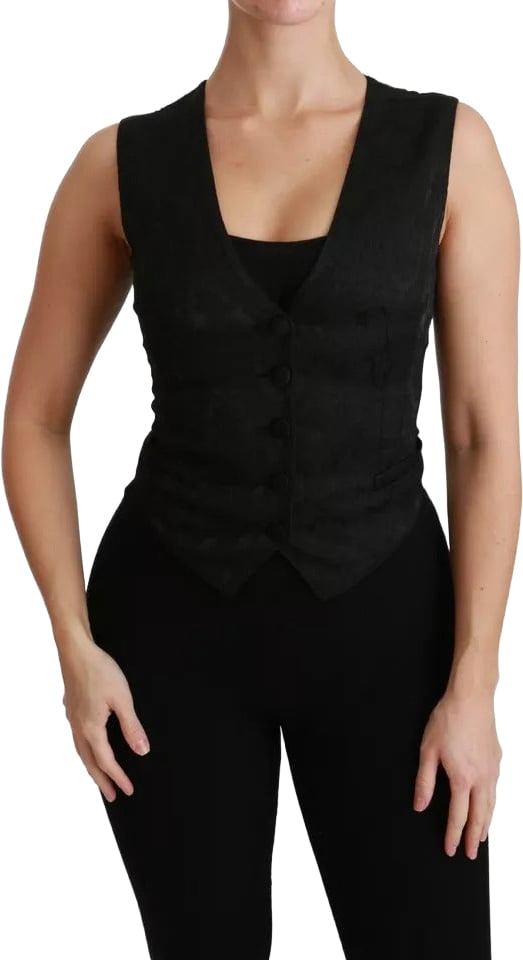 Dolce & Gabbana Black Lace Waistcoat Slim Vest Silk Top Zwart