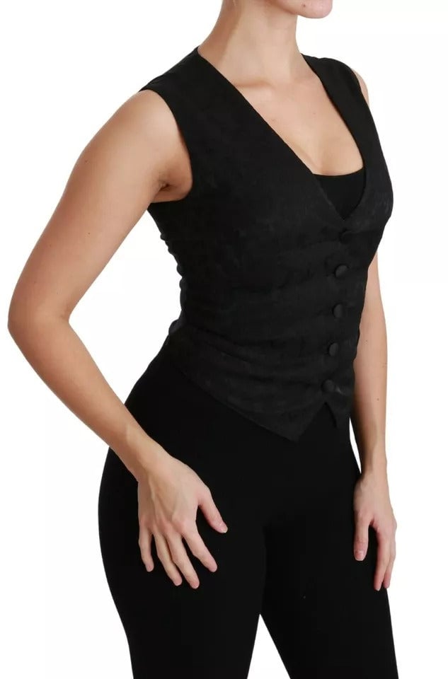 Dolce & Gabbana Black Lace Waistcoat Slim Vest Silk Top Zwart