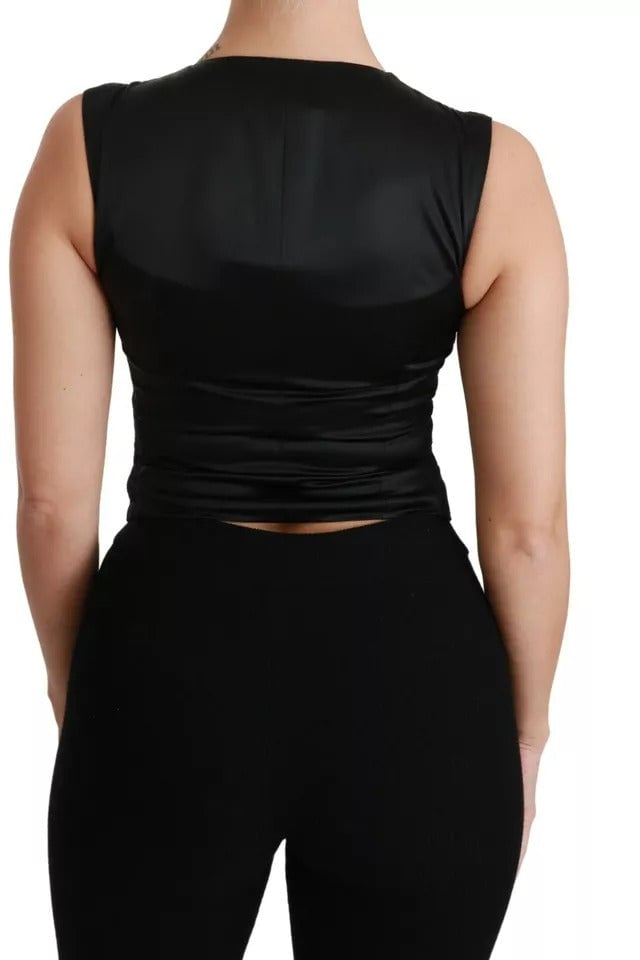 Dolce & Gabbana Black Lace Waistcoat Slim Vest Silk Top Zwart