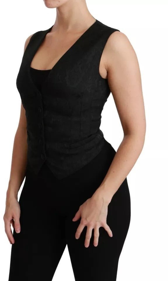 Dolce & Gabbana Black Lace Waistcoat Slim Vest Silk Top Zwart