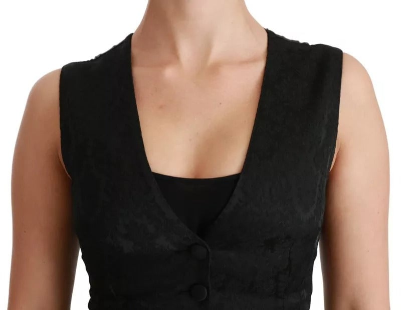 Dolce & Gabbana Black Lace Waistcoat Slim Vest Silk Top Zwart