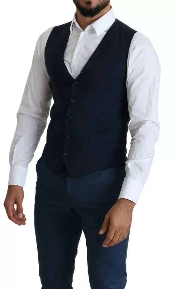 Dolce & Gabbana Navy Blue Men Formal Dress Waistcoat Vest Blauw