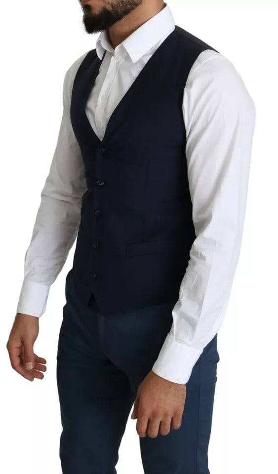 Dolce & Gabbana Navy Blue Men Formal Dress Waistcoat Vest Blauw