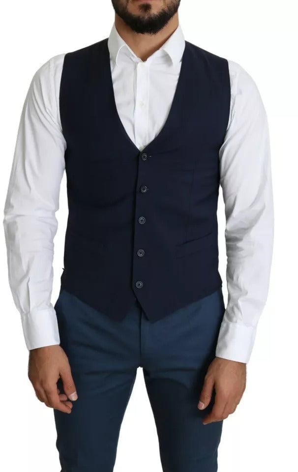 Dolce & Gabbana Navy Blue Men Formal Dress Waistcoat Vest Blauw