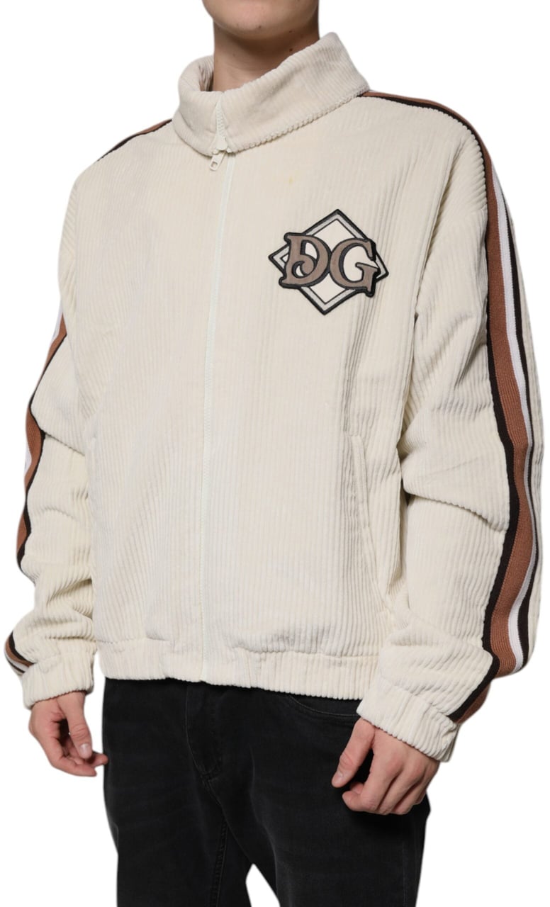 Dolce & Gabbana Beige Logo Applique Cotton Corduroy Full Zip Jacket Beige